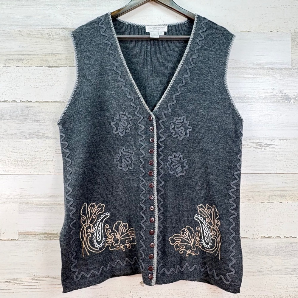Jennifer Reed 3X Gray Knit Vest Paisley Embroidered Button Cardigan Wool 90s